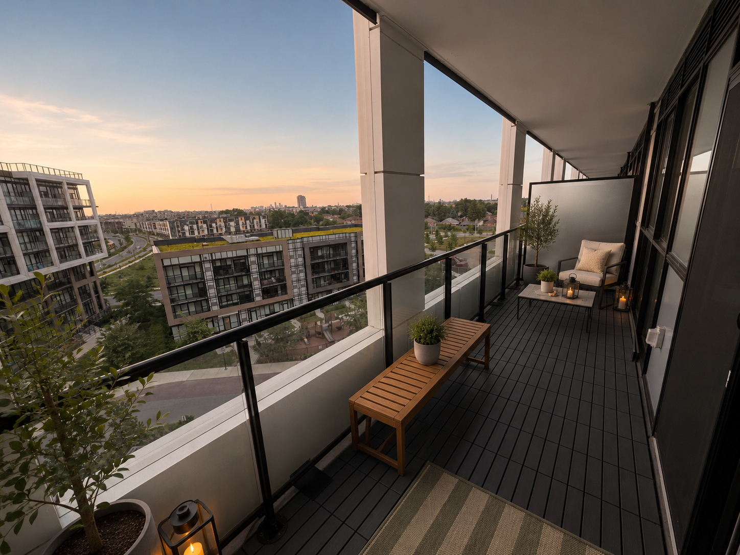 Virtually staged balcony at golden hour with sunset lighting and outdoor furniture