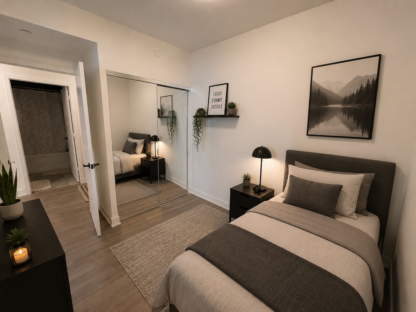 Virtually staged secondary bedroom with upholstered bed and modern decor