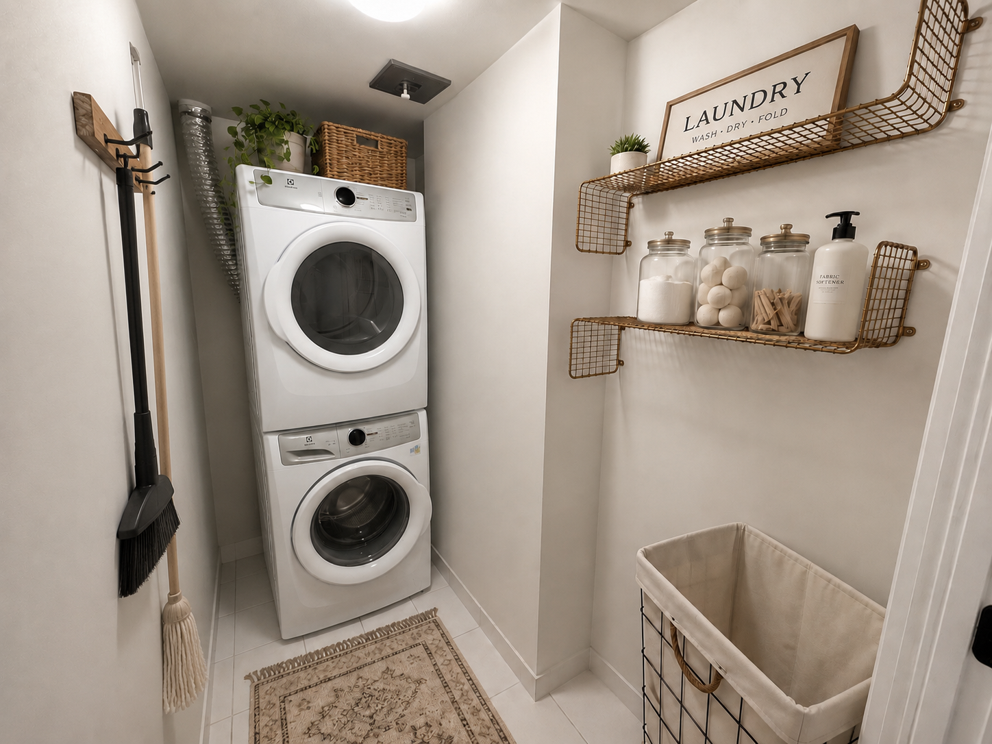 In-suite laundry closet with stacked washer/dryer and wire shelving