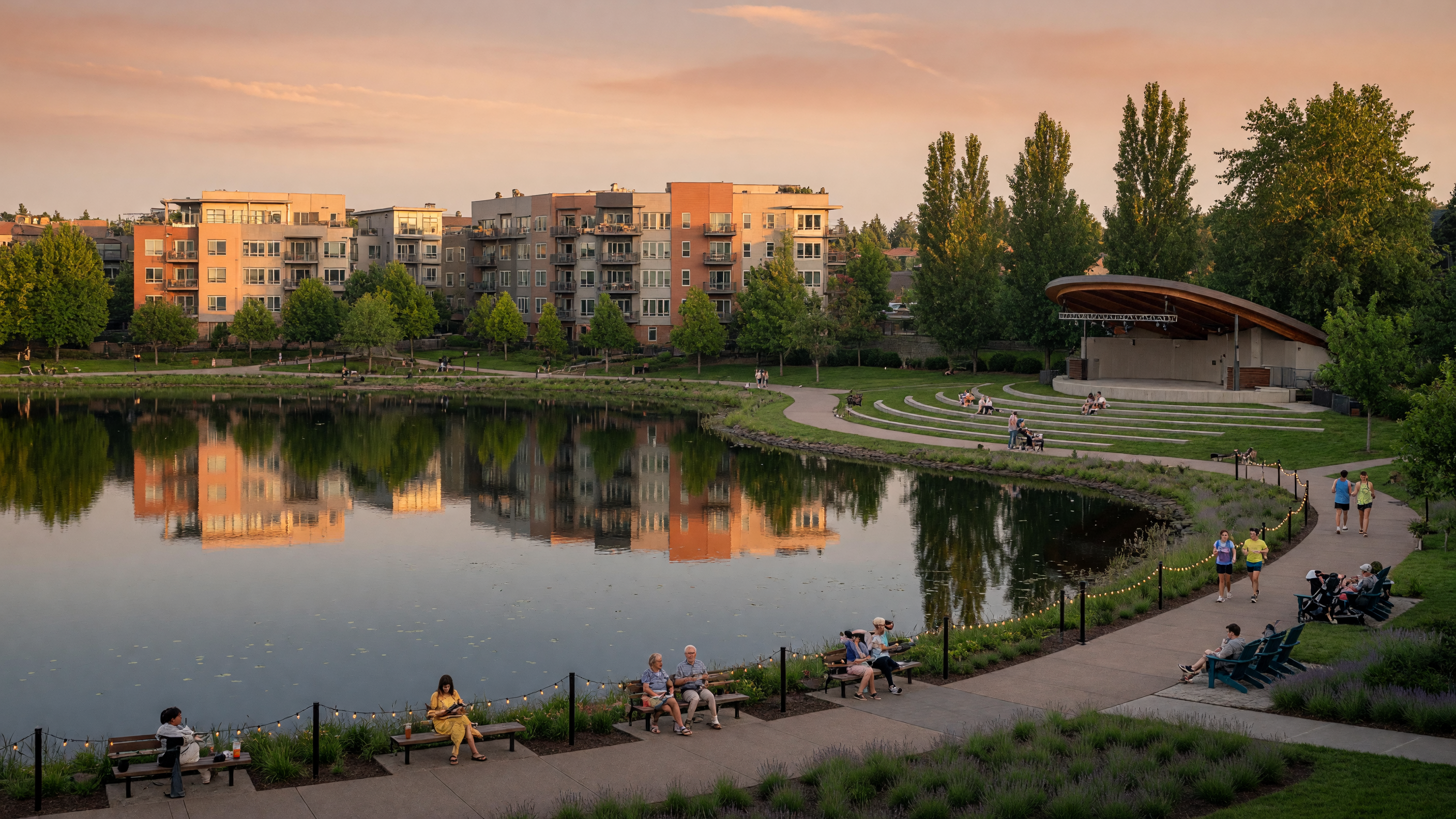 Tualatin Commons with the three-acre community lake, walking paths, and surrounding trees