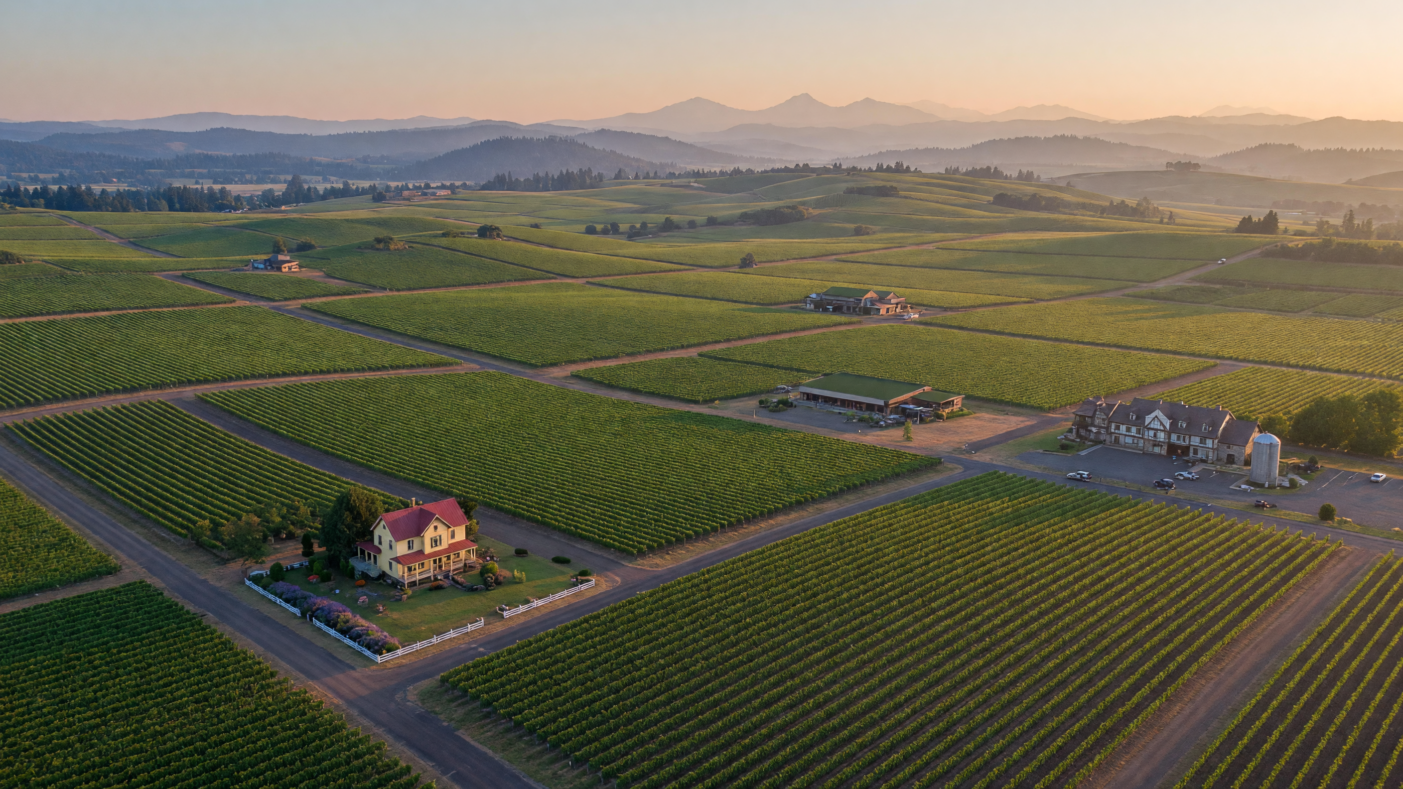 Rolling vineyards and farmland across Oregon's Willamette Valley at golden hour, with Cascade foothills in the distance
