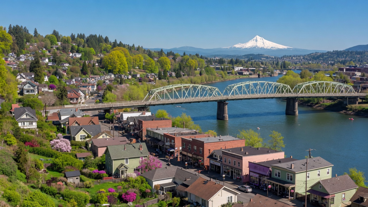 Portland, Oregon skyline with the Sellwood Bridge and Mount Hood in the distance