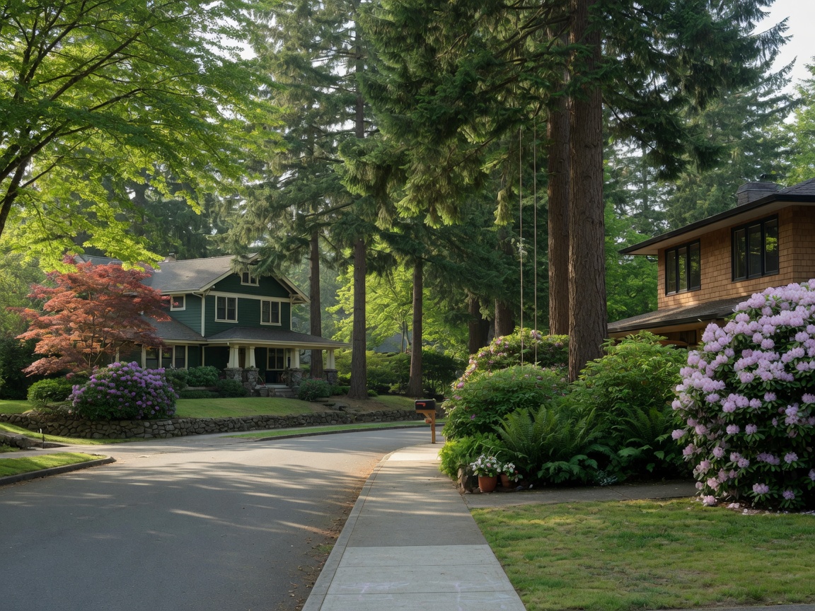Tree-lined residential street in West Linn, Oregon with mature landscaping