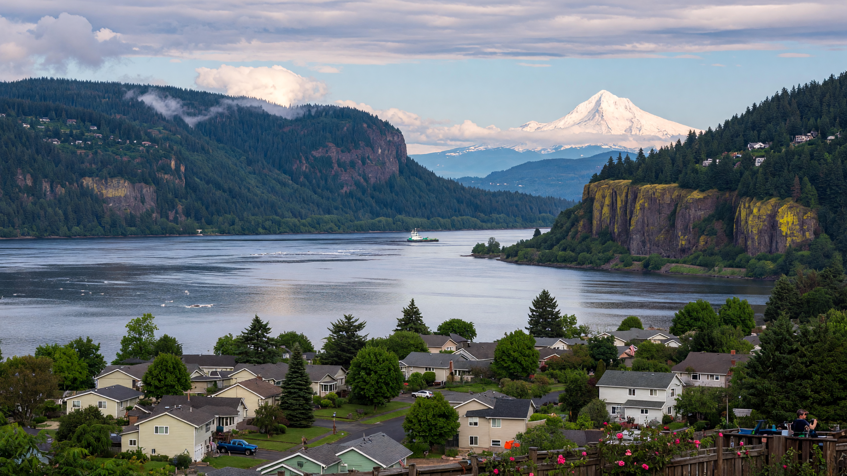 Columbia River Gorge viewed from Southwest Washington with Mount Hood visible across the river