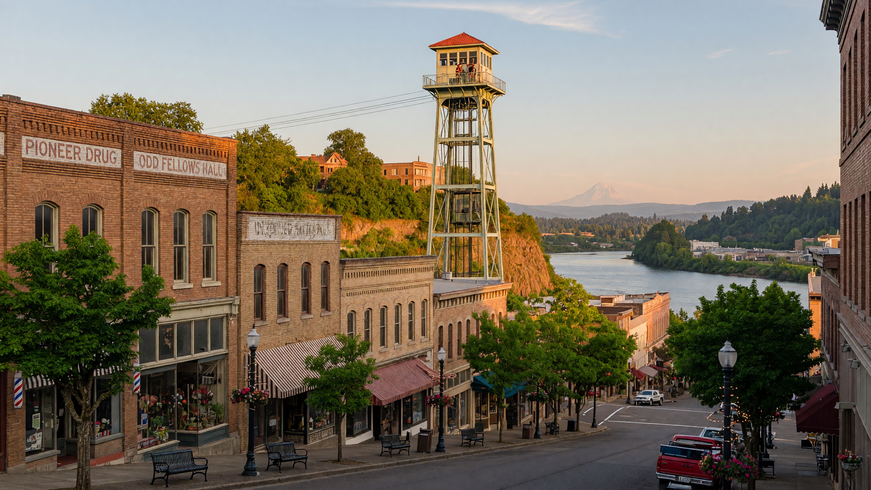 Oregon City downtown with the Municipal Elevator and Willamette River valley beyond