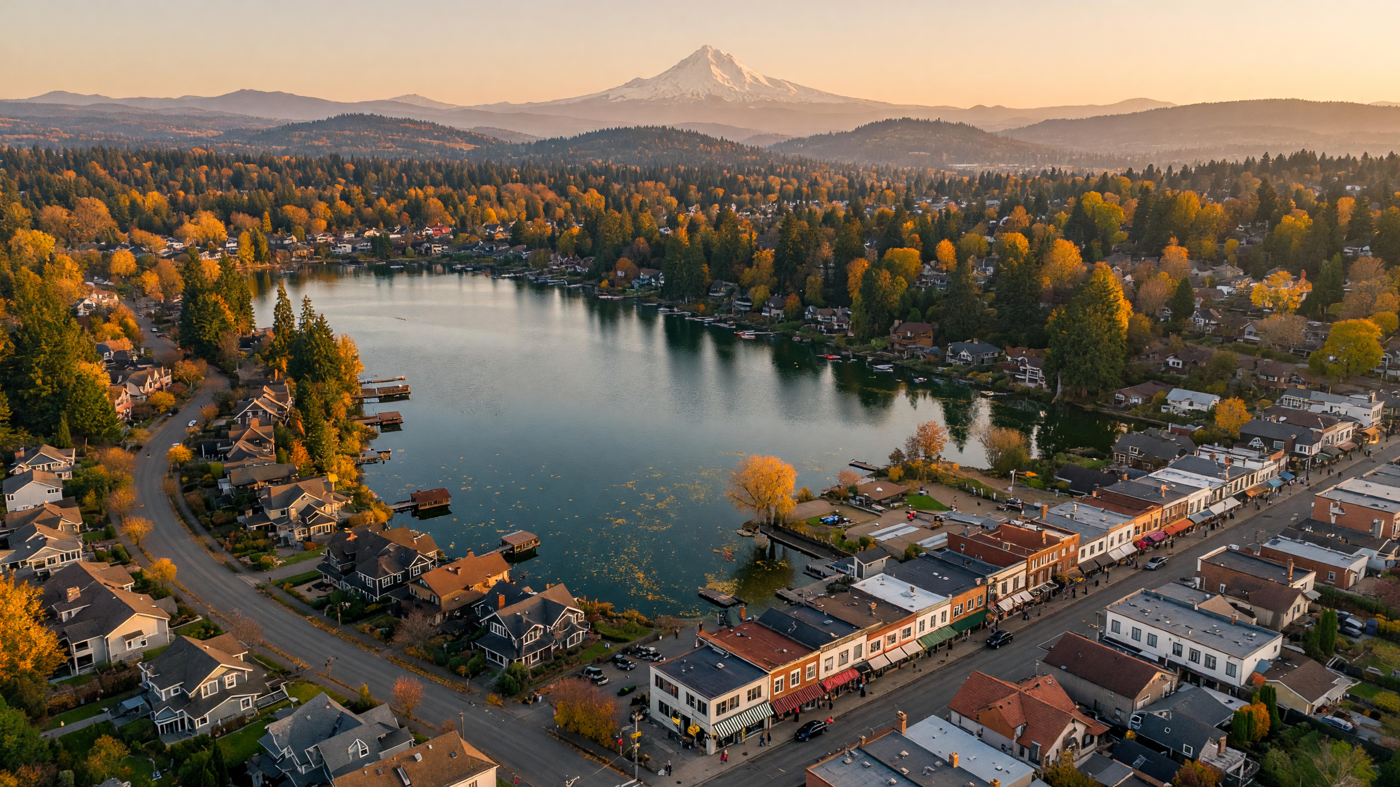 Aerial view of Lake Oswego, Oregon showcasing the lake, downtown, and tree-lined neighborhoods