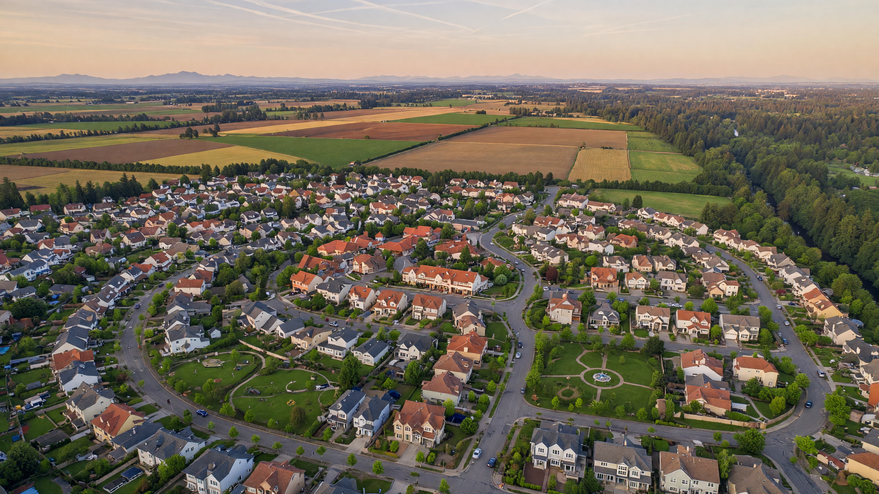 Aerial view of Wilsonville, Oregon showing the Villebois master-planned community with green corridors and parks