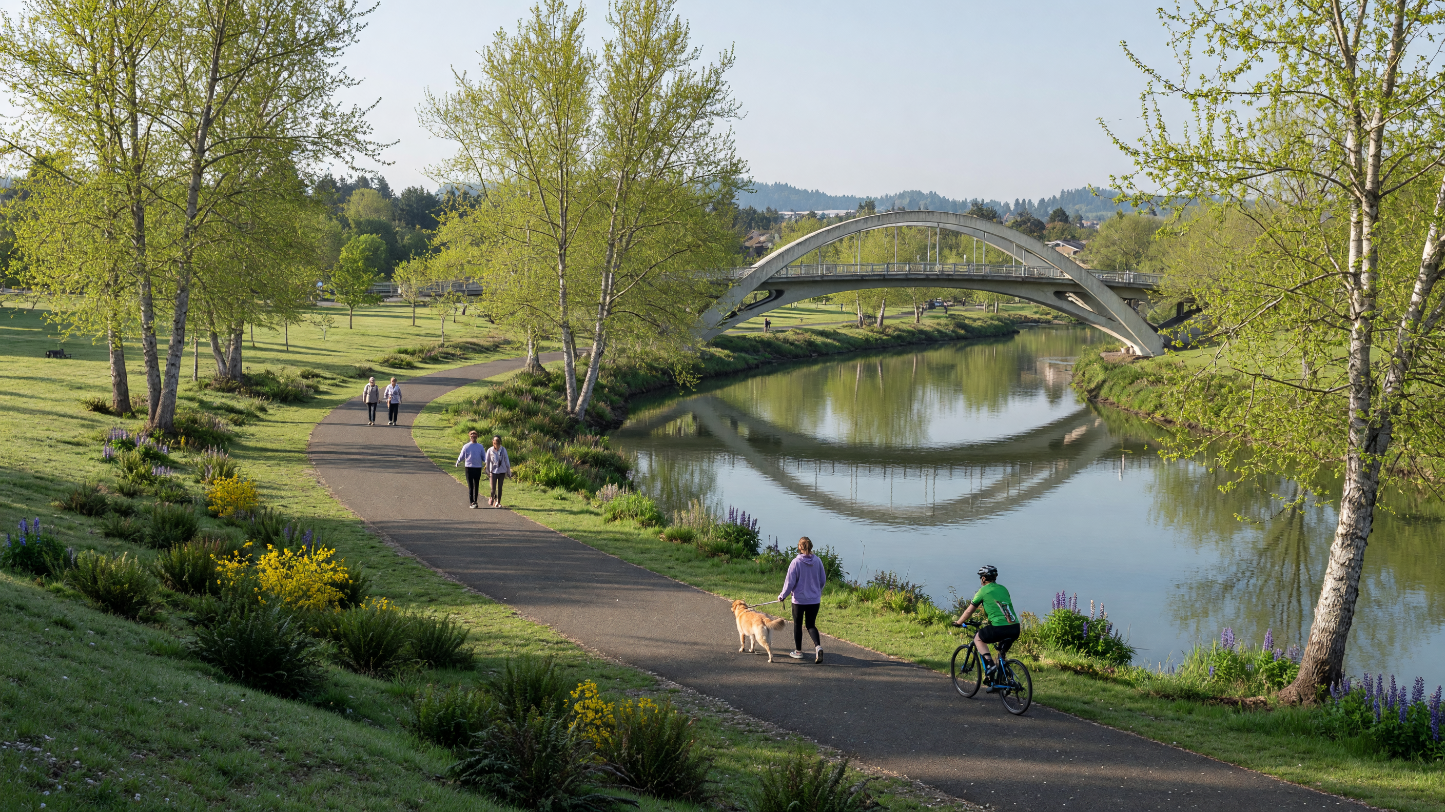 Portland, Oregon panoramic skyline with Mount Hood visible beyond the Willamette River