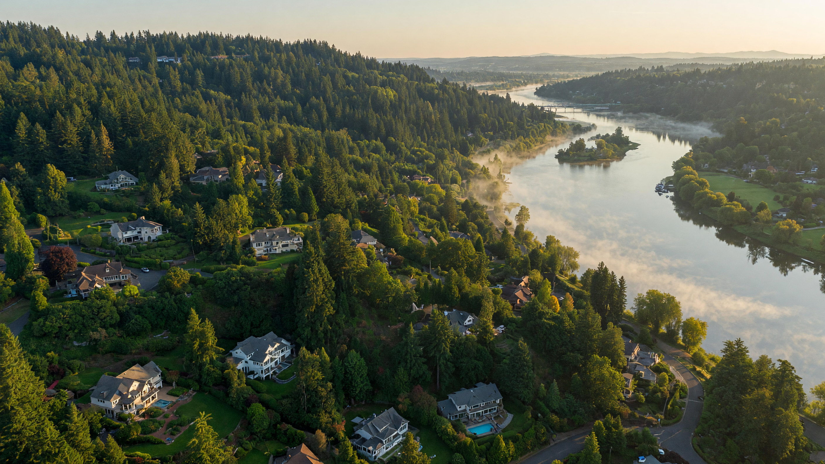 Aerial view of West Linn, Oregon with hillside neighborhoods overlooking the Willamette River valley