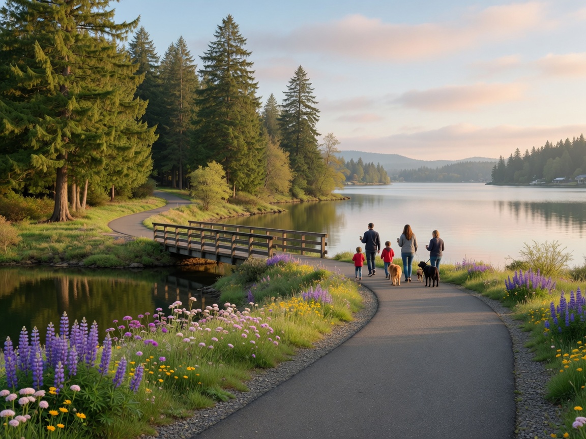 Walking trail along the waterfront in Lake Oswego, Oregon