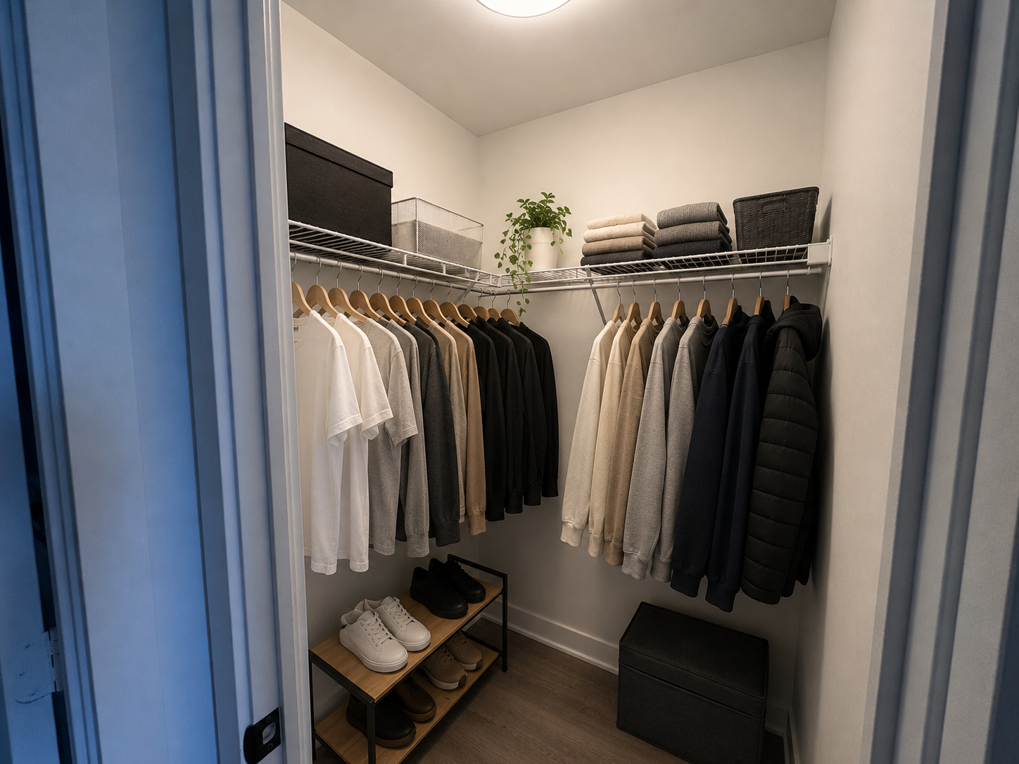 Primary bedroom walk-in closet with wire shelving, shoe rack, and storage