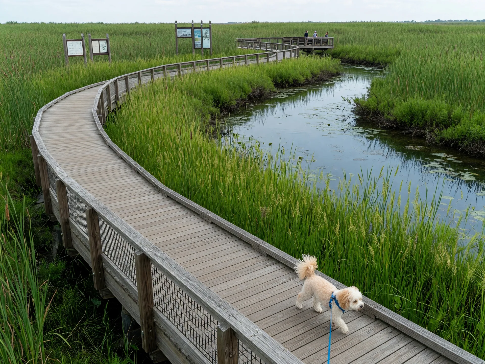 The Neabsco Creek Boardwalk in Woodbridge, VA — an elevated wooden boardwalk winding through lush green wetlands