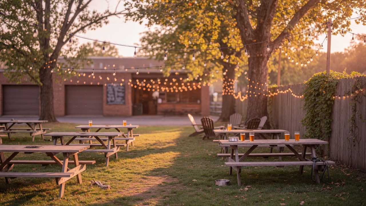 A dog-friendly brewery beer garden with picnic tables and string lights in Northern Virginia