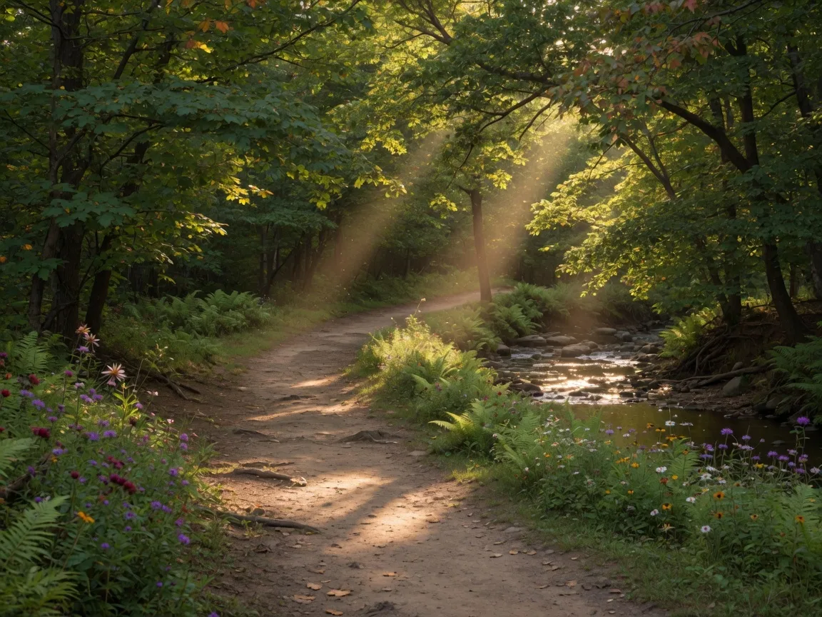 A peaceful wooded hiking trail with dappled sunlight filtering through green canopy and a winding dirt path
