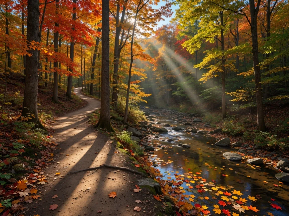 A winding autumn hiking trail in Northern Virginia with vibrant orange, red, and yellow leaves on tall hardwood trees and a forest floor covered in fallen foliage