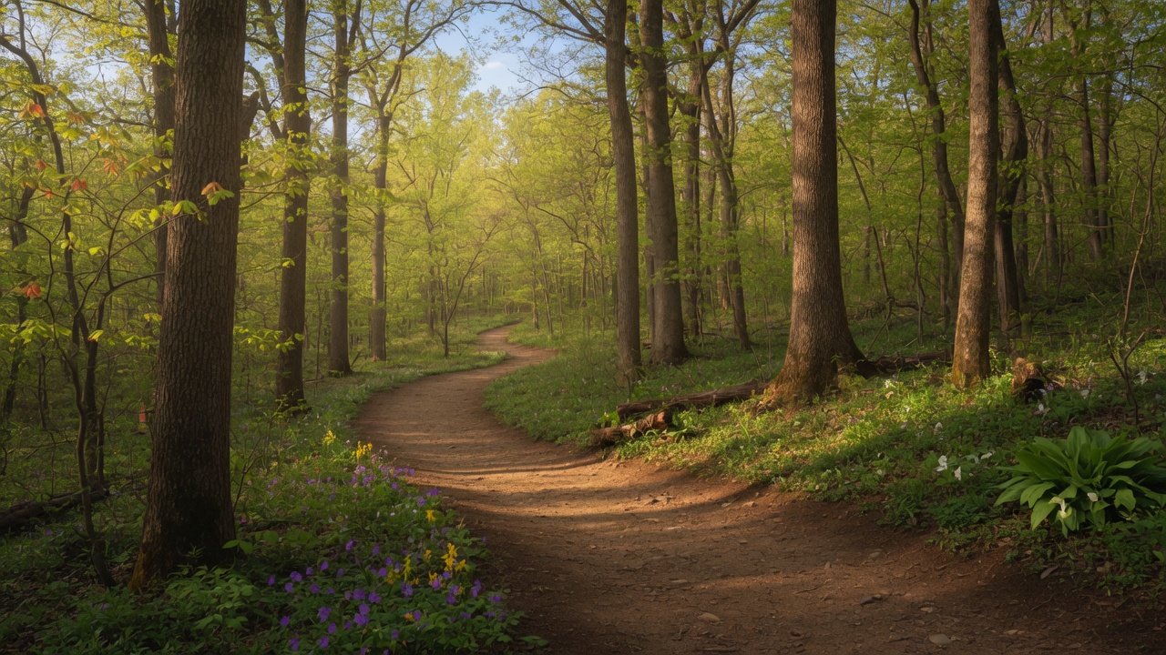 A scenic wooded hiking trail in Northern Virginia with dappled sunlight filtering through the canopy