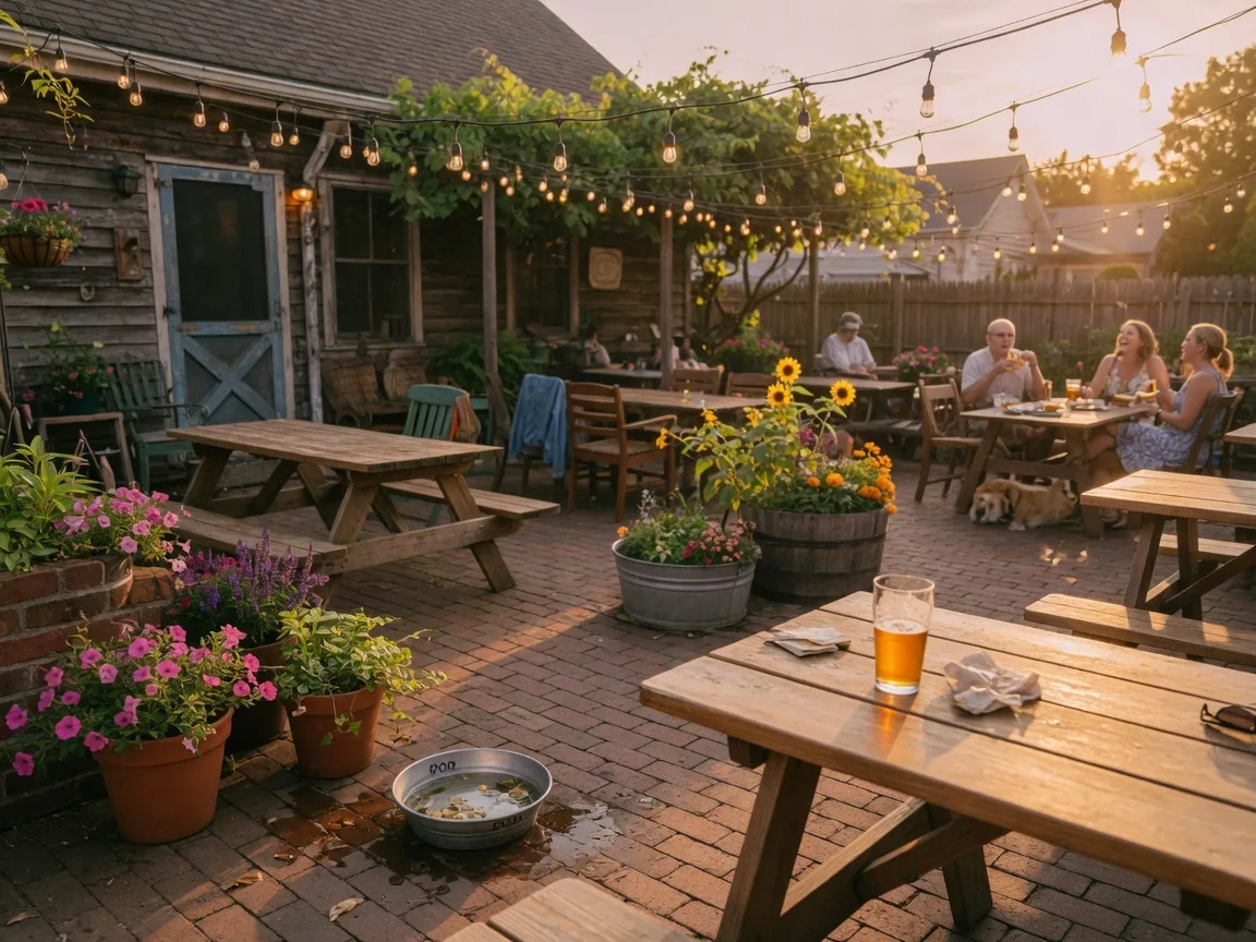 A cozy pub patio with string lights, wooden tables, potted plants, and a relaxed outdoor dining atmosphere