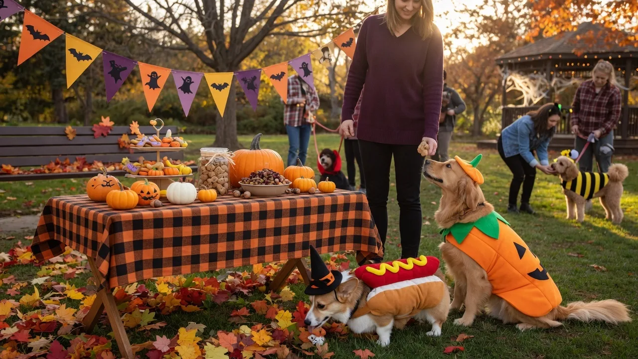 A dog-friendly outdoor farmers market with white canopy tents, fresh produce, and dappled sunlight filtering through trees