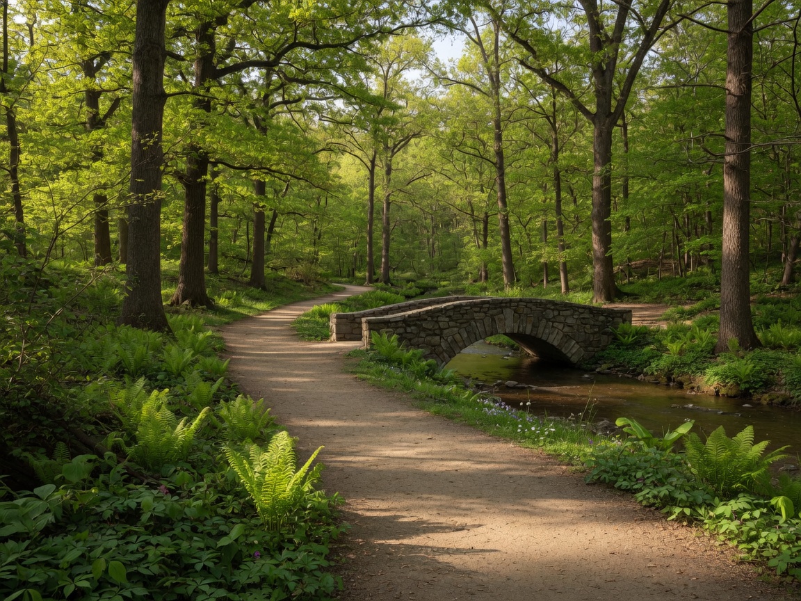 A serene wooded trail in Rock Creek Park, Washington DC, with dappled sunlight through mature hardwood trees and a gentle creek