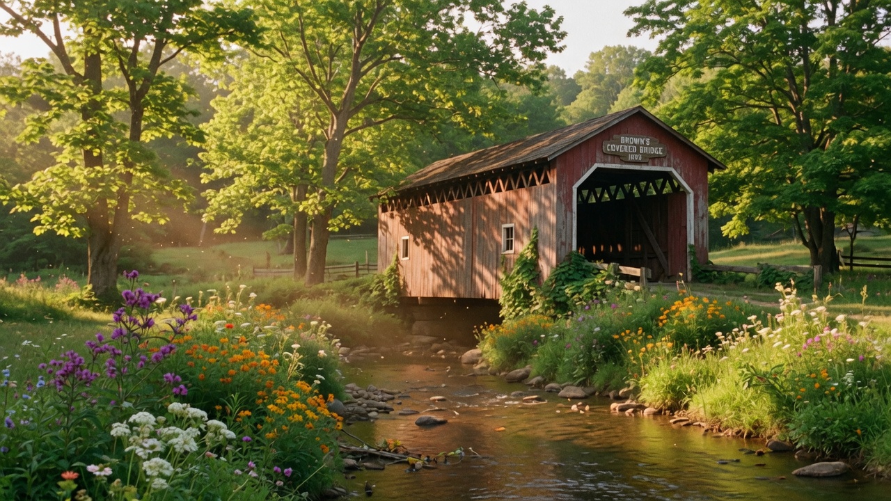 A scenic covered bridge in Loudoun County, Virginia countryside