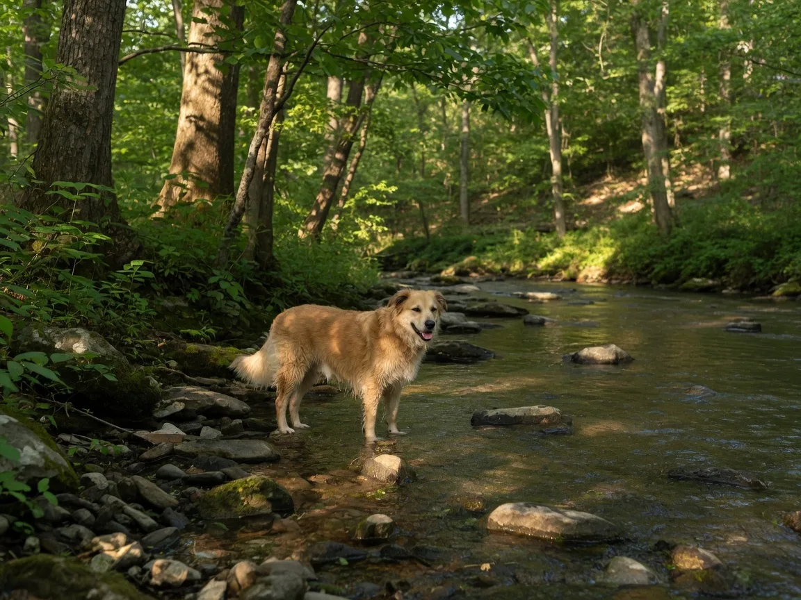 A happy dog wading through shallow water in a shaded forest creek with dappled sunlight filtering through the trees