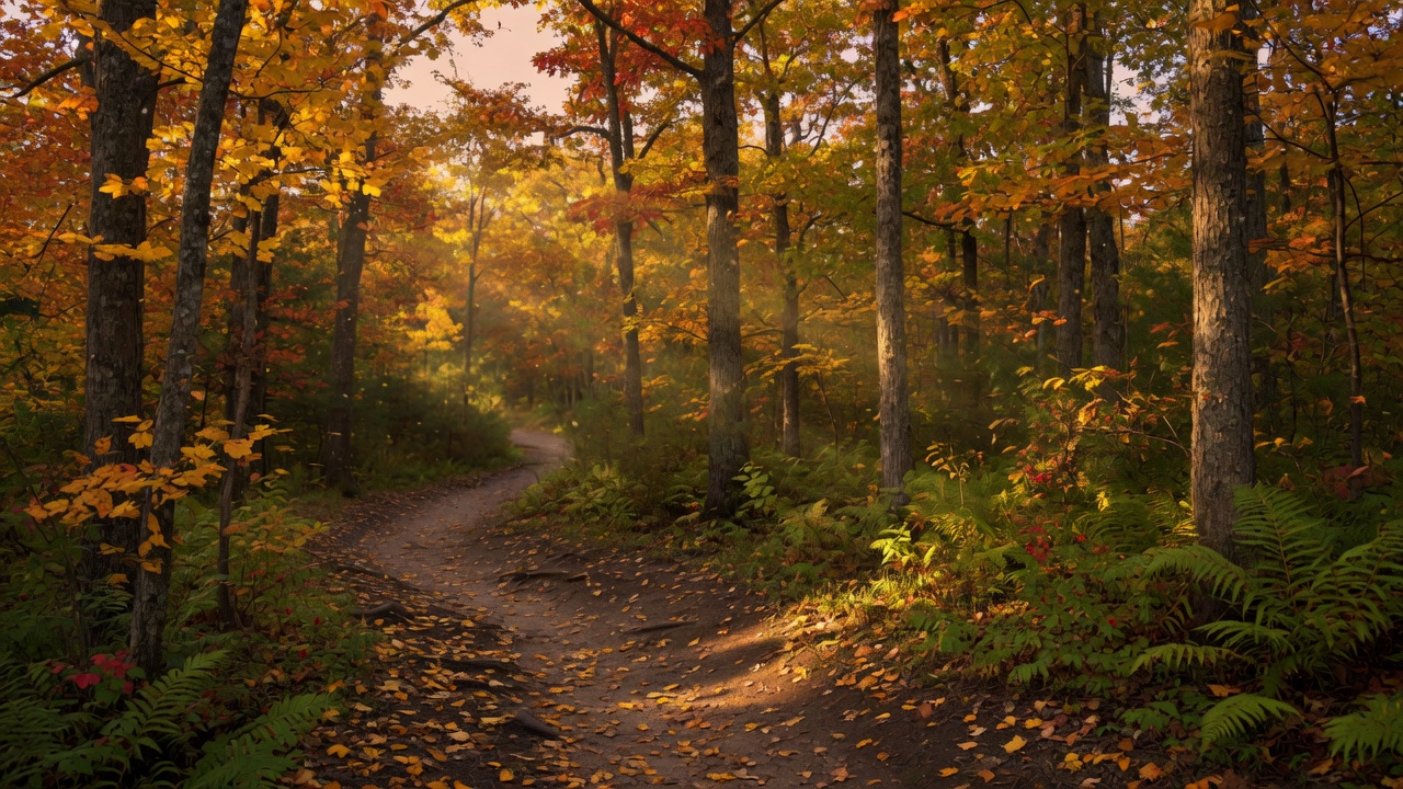 A sunlit forested hiking trail in Northern Virginia with golden autumn leaves and tall hardwood trees