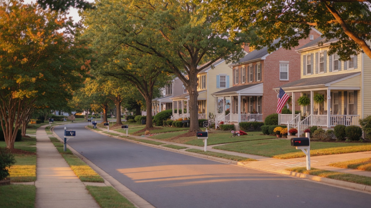 A tree-lined residential street in a Northern Virginia neighborhood with sidewalks and colonial homes