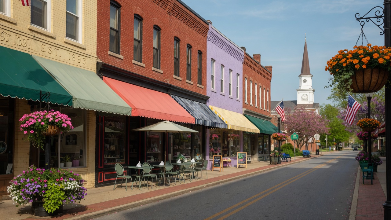A charming dog-friendly downtown main street in Manassas, Virginia with shops and patios