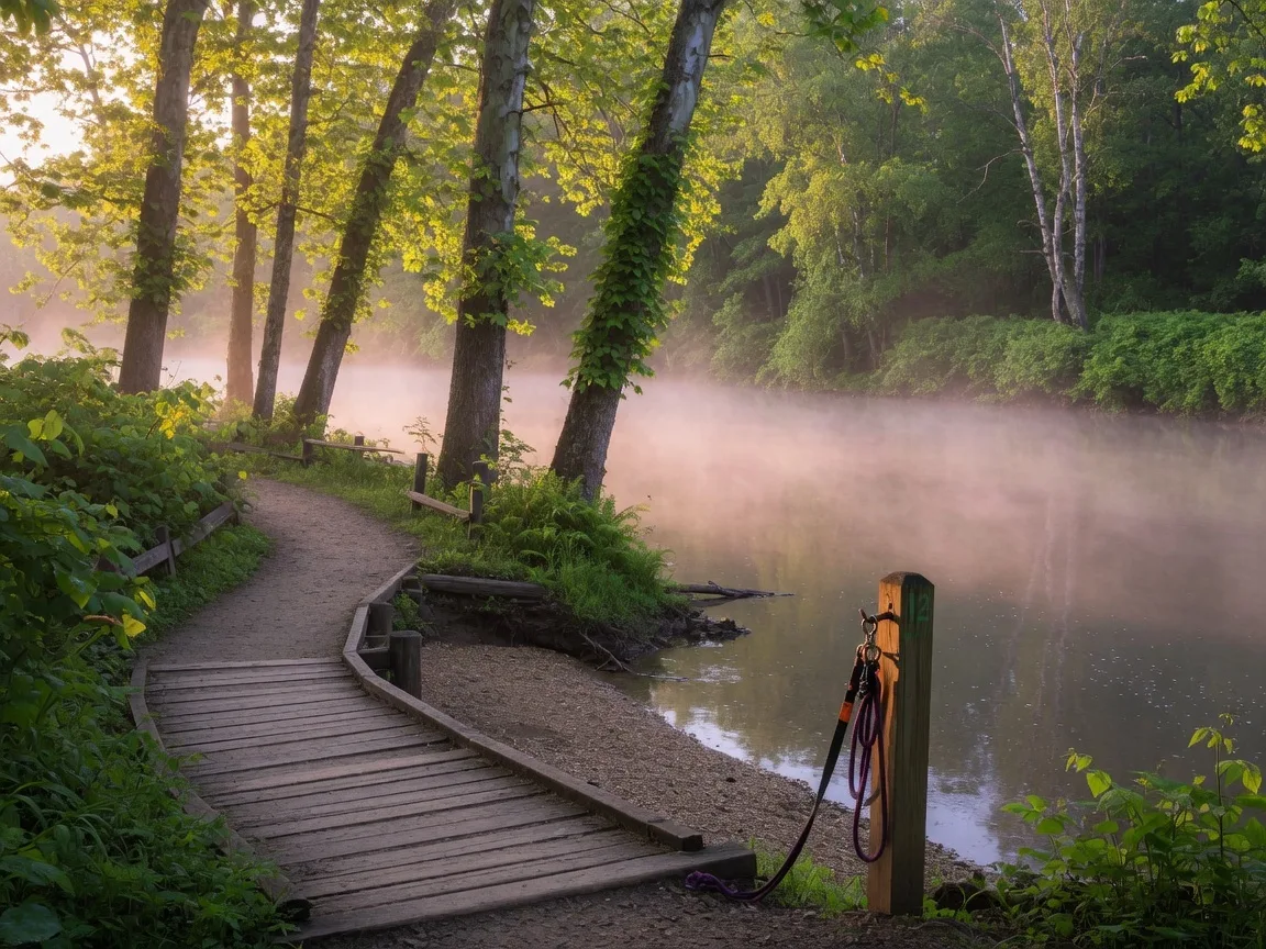 A scenic trail leading to a peaceful riverbank on a warm morning with soft light filtering through tall trees