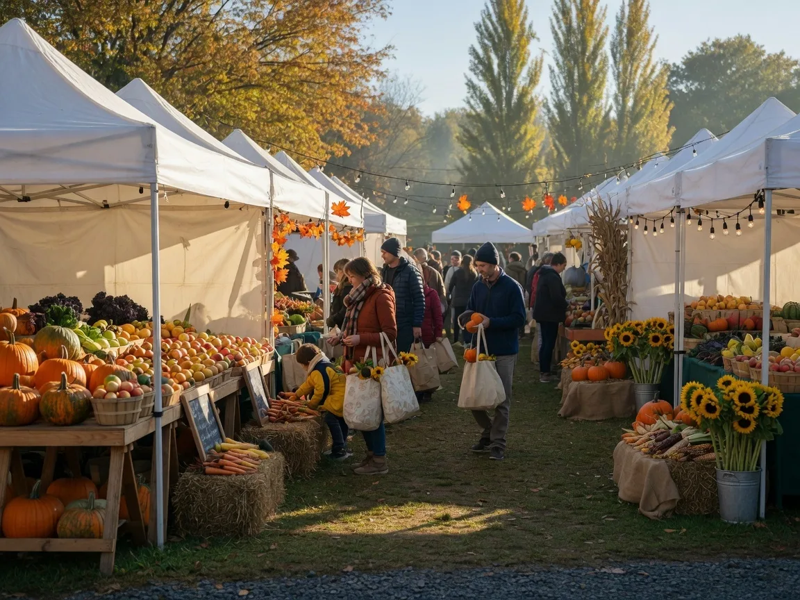 A lively outdoor farmers market on a crisp autumn morning with white tents, fresh produce displays, and shoppers with reusable bags