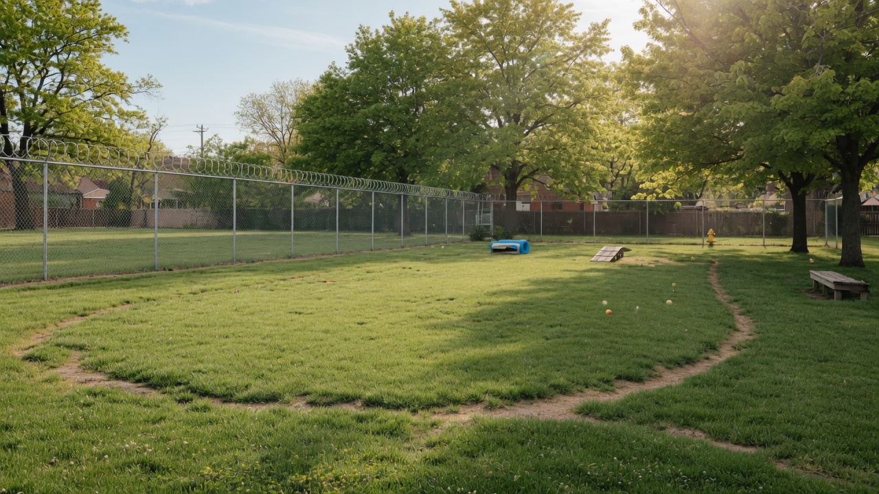 A bright dog park with green grass and mature trees