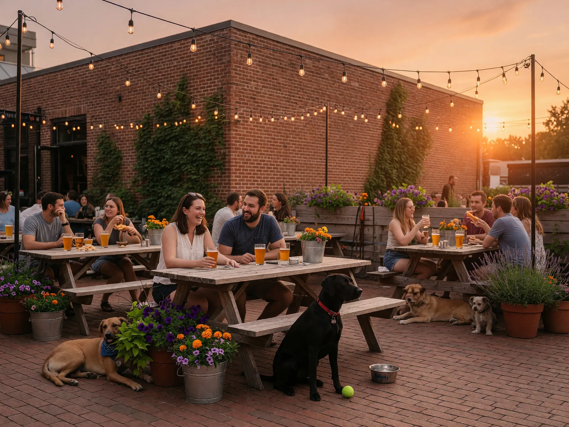 A warm and inviting outdoor patio at a dog-friendly brewery with string lights and people enjoying drinks with their dogs