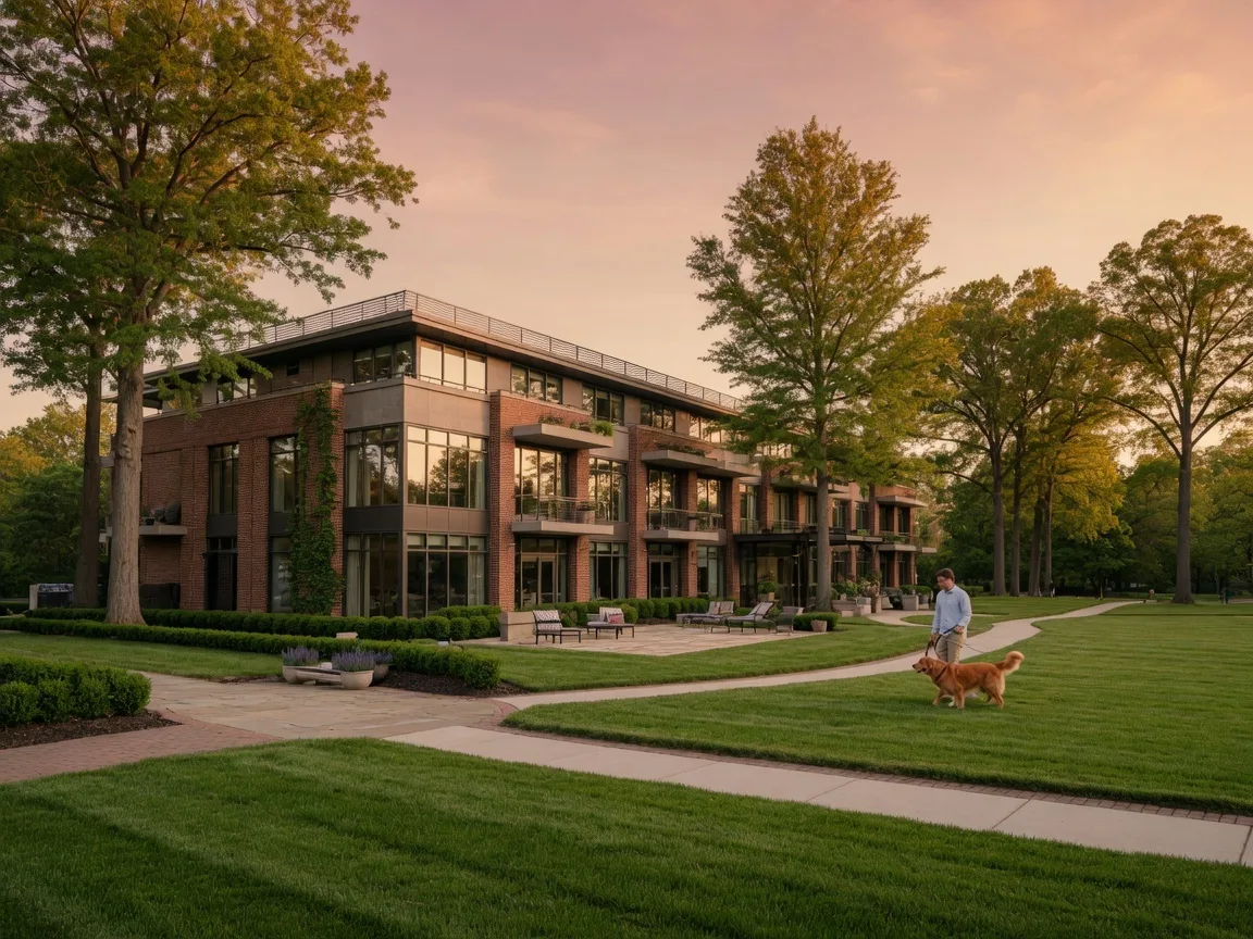 A modern hotel building surrounded by trees and manicured lawns with walking paths in suburban Northern Virginia, a guest walking a golden retriever across the property