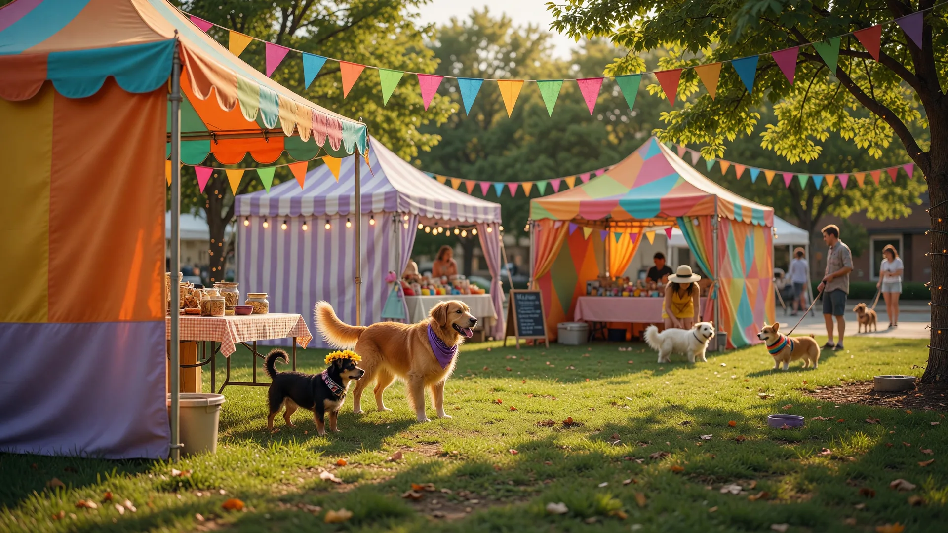 A festive autumn outdoor dog event with fall leaves, decorated tables with pet treats, and pumpkins under golden afternoon light