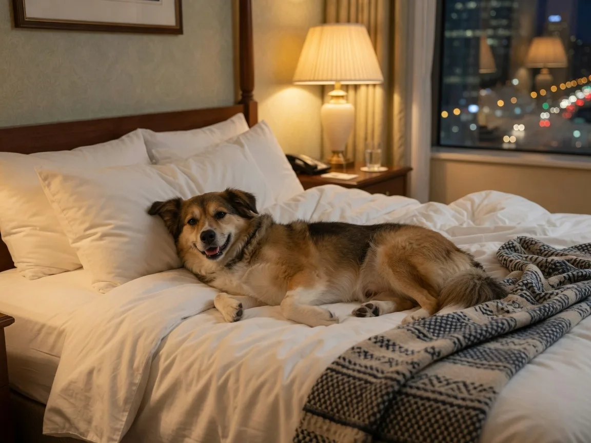A calm dog resting comfortably on a white hotel bed duvet, warm lamplight illuminating the cozy hotel room with a window showing city lights at dusk
