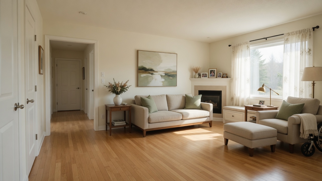 A bright, accessible living room in a ranch-style home featuring wide doorways, hardwood floors, and warm natural light streaming through large windows