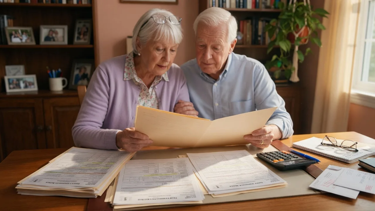 A senior couple reviewing property tax documents at a home office desk with warm natural light