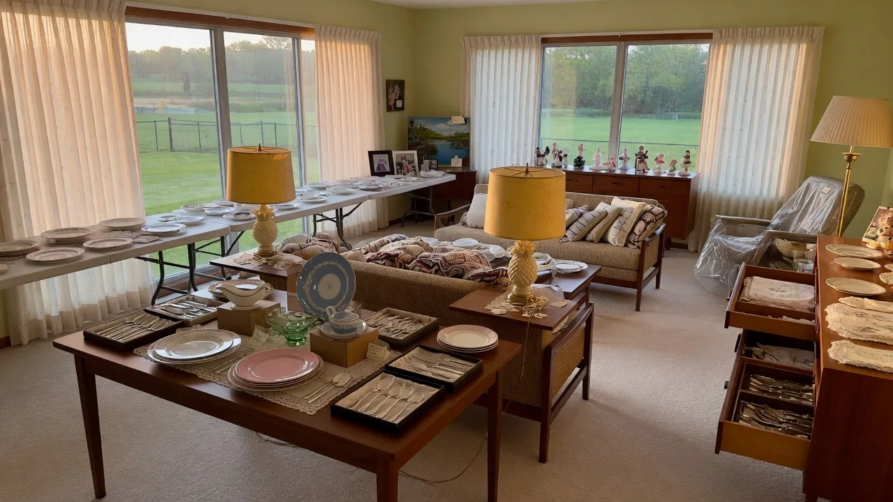 An organized estate sale in a mid-century home with vintage furniture, china, and household items arranged with care and respect