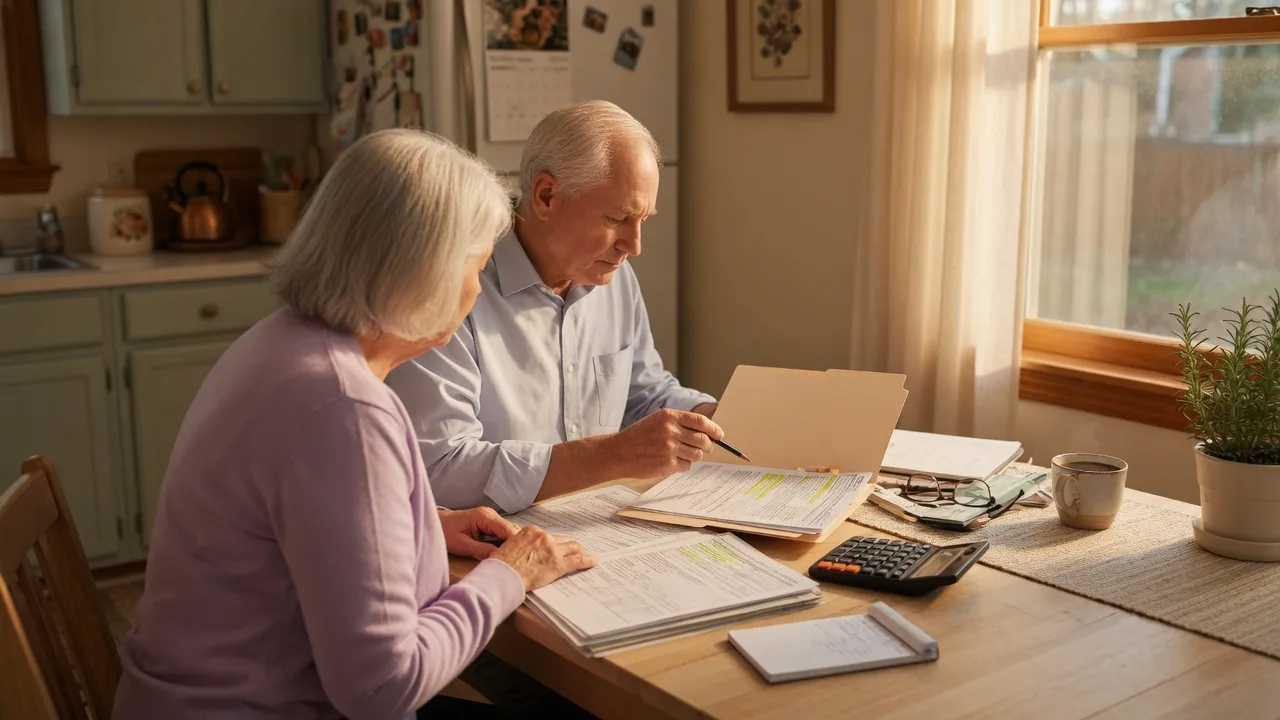 A mature couple reviewing financial documents at a kitchen table, thoughtfully planning their reverse mortgage decision