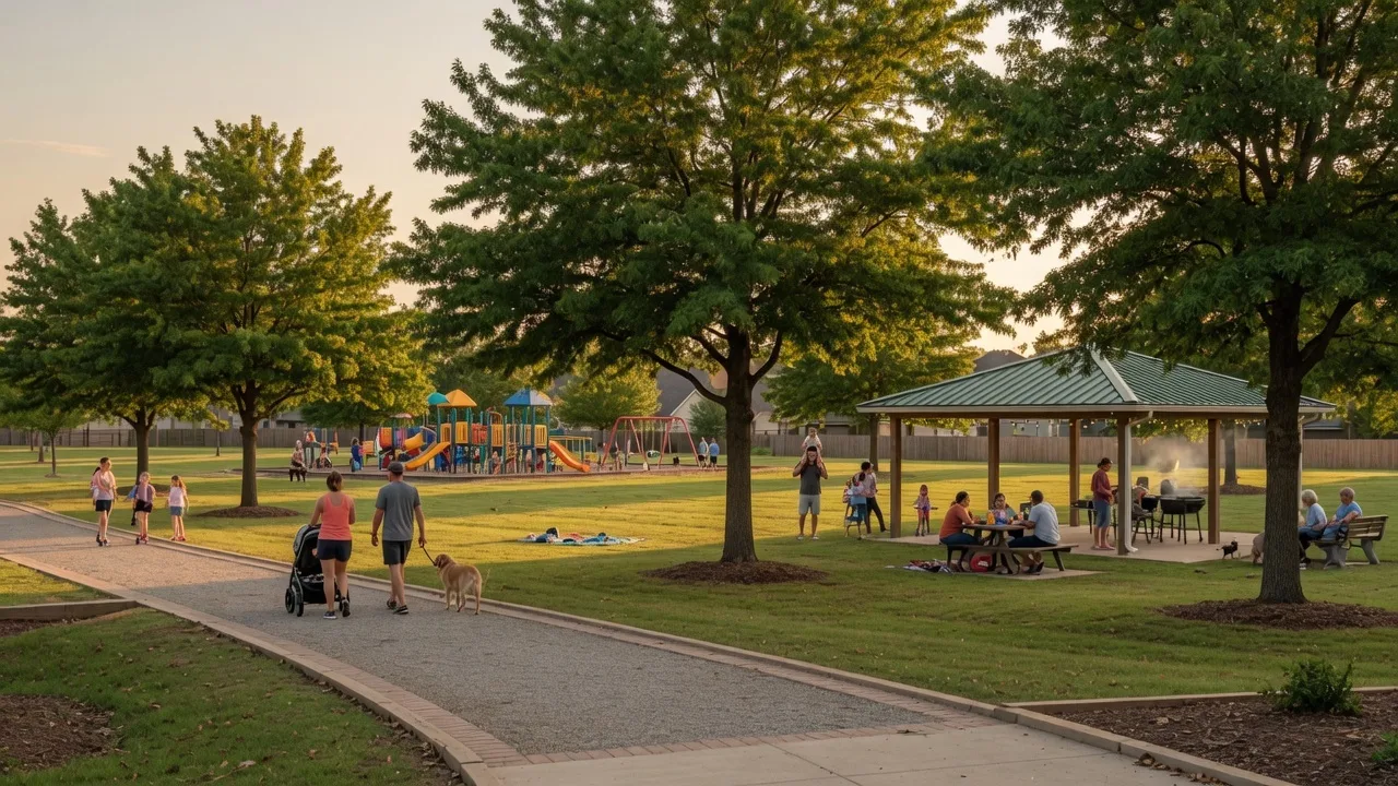 A sunny green park in Owasso with walking trails, mature trees, and a playground area on a warm afternoon