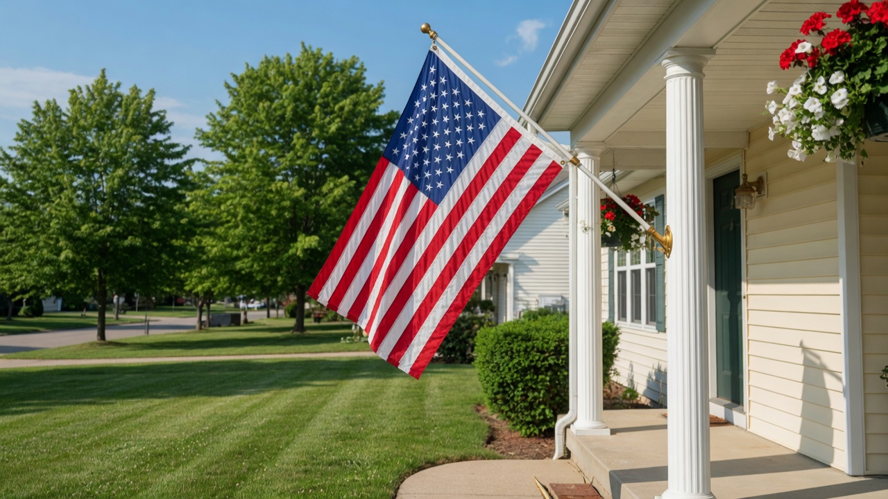 American flag waving in golden hour light on a suburban home porch
