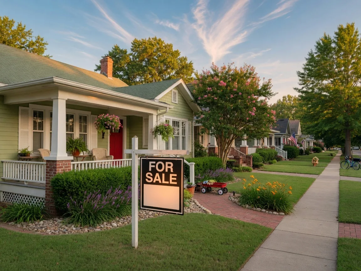 A home for sale in a Tulsa-area neighborhood with a welcoming front porch and established landscaping on a sunny afternoon