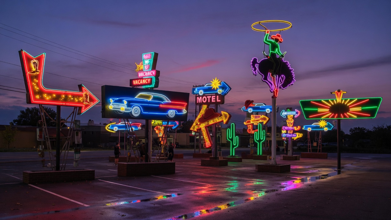 The Route 66 Neon Sign Park in downtown Tulsa glowing at dusk with restored vintage neon signs in brilliant color