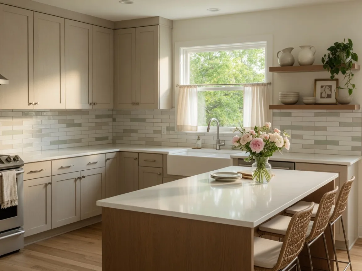 Staged modern kitchen in Tulsa home with white countertops, island, barstools, and fresh flowers