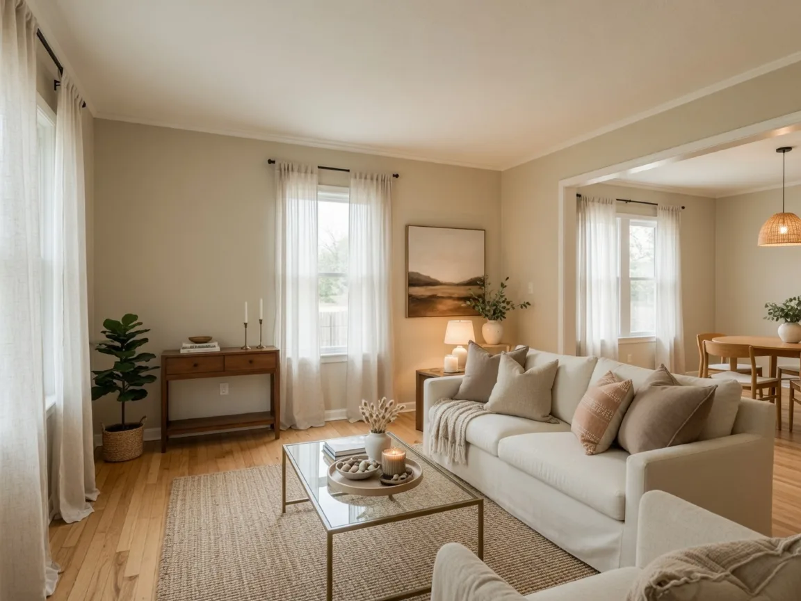 Bright and airy staged living room in Tulsa home with neutral decor, comfortable furniture, and natural light