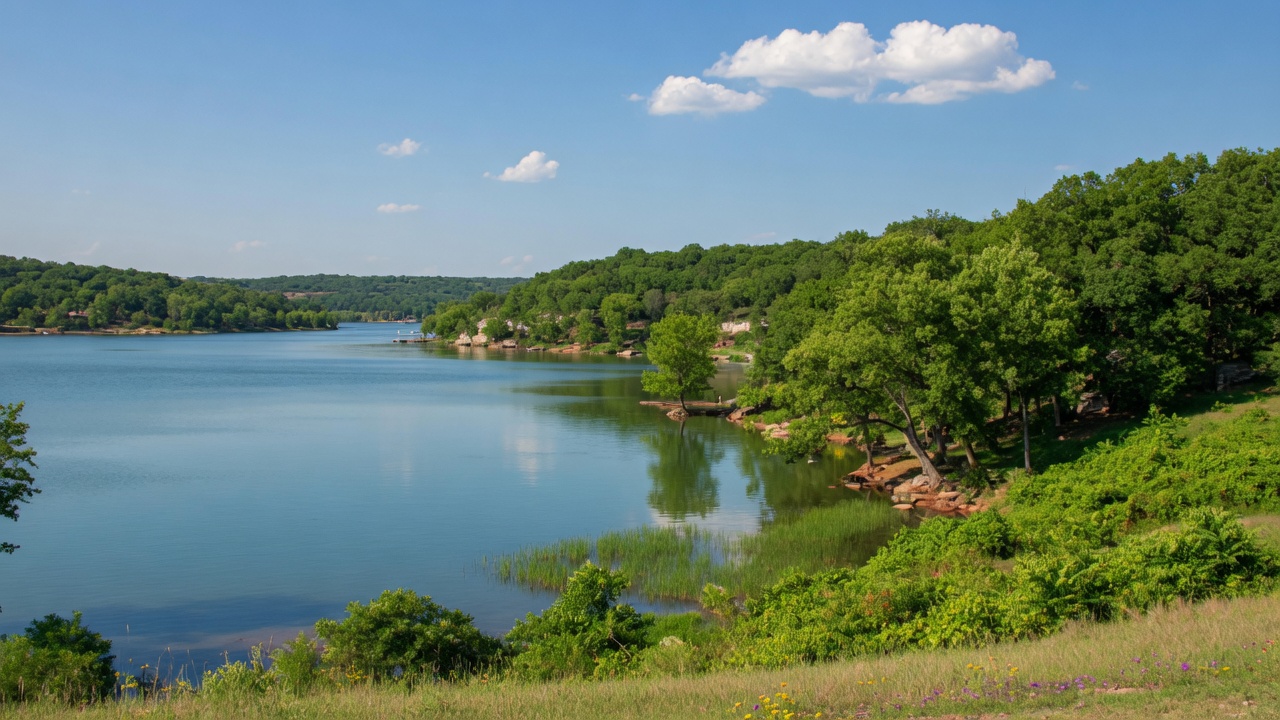 Scenic Oklahoma lake on a clear fall day — a local attraction in the Tulsa Metro