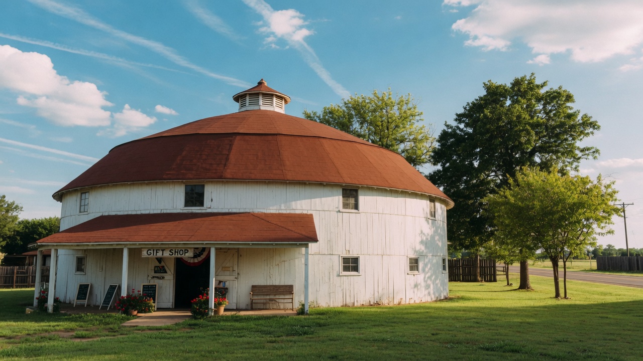 The Arcadia Round Barn, a unique circular wooden barn and iconic Route 66 roadside landmark in Oklahoma
