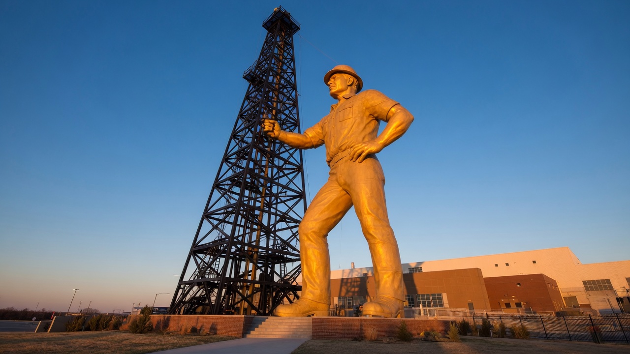 The Golden Driller statue standing 76 feet tall at the Tulsa Expo Center, a golden symbol of Oklahoma's oil heritage