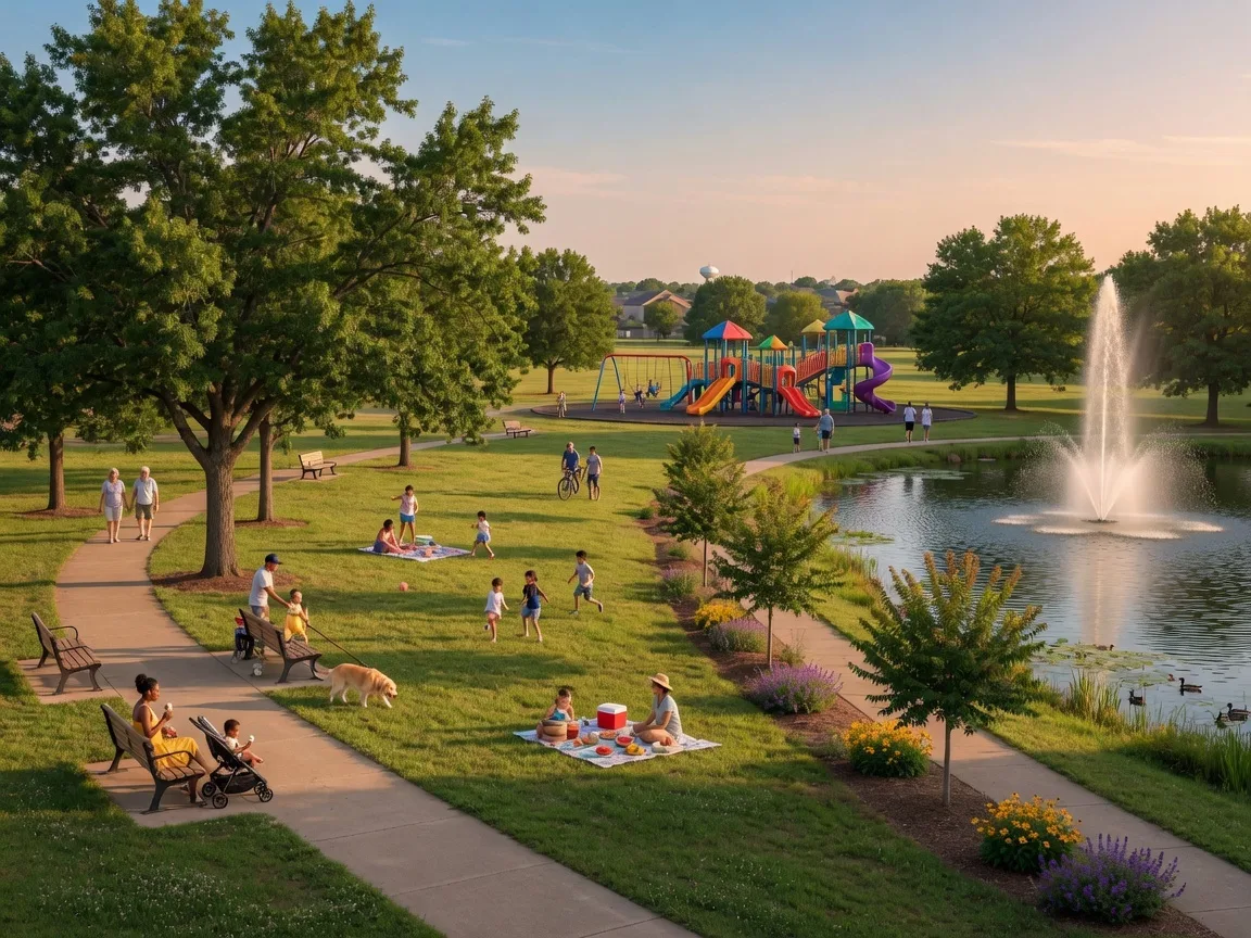 Community park in Broken Arrow with playground, walking paths and green space