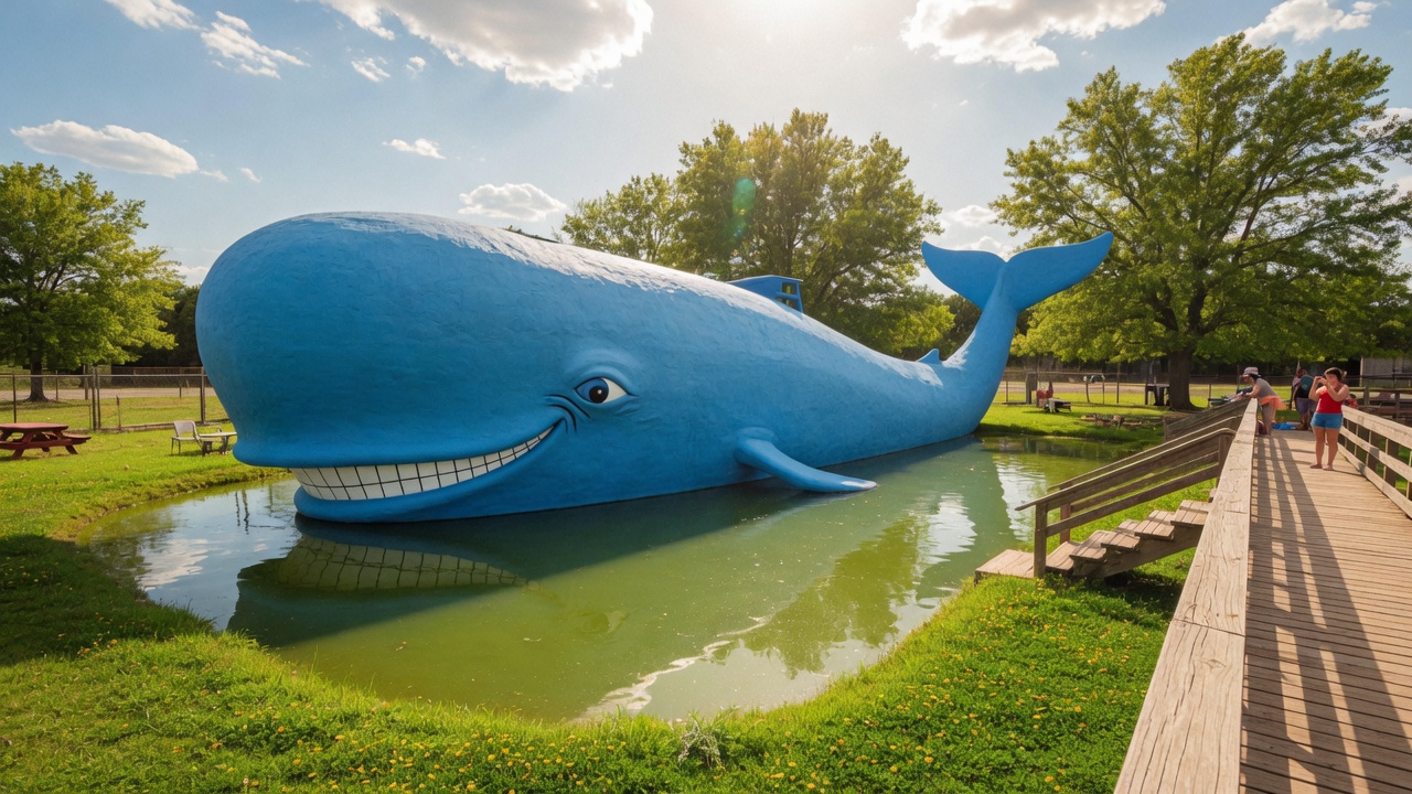 The Blue Whale of Catoosa, a beloved 80-foot smiling blue cement whale roadside attraction on Route 66 in Oklahoma